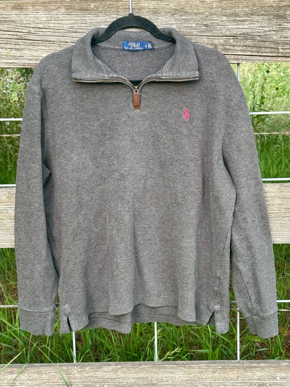 Polo Ralph Lauren Men’s Large Gray Quarter Zip Cotton Sweater Pink Pony Logo